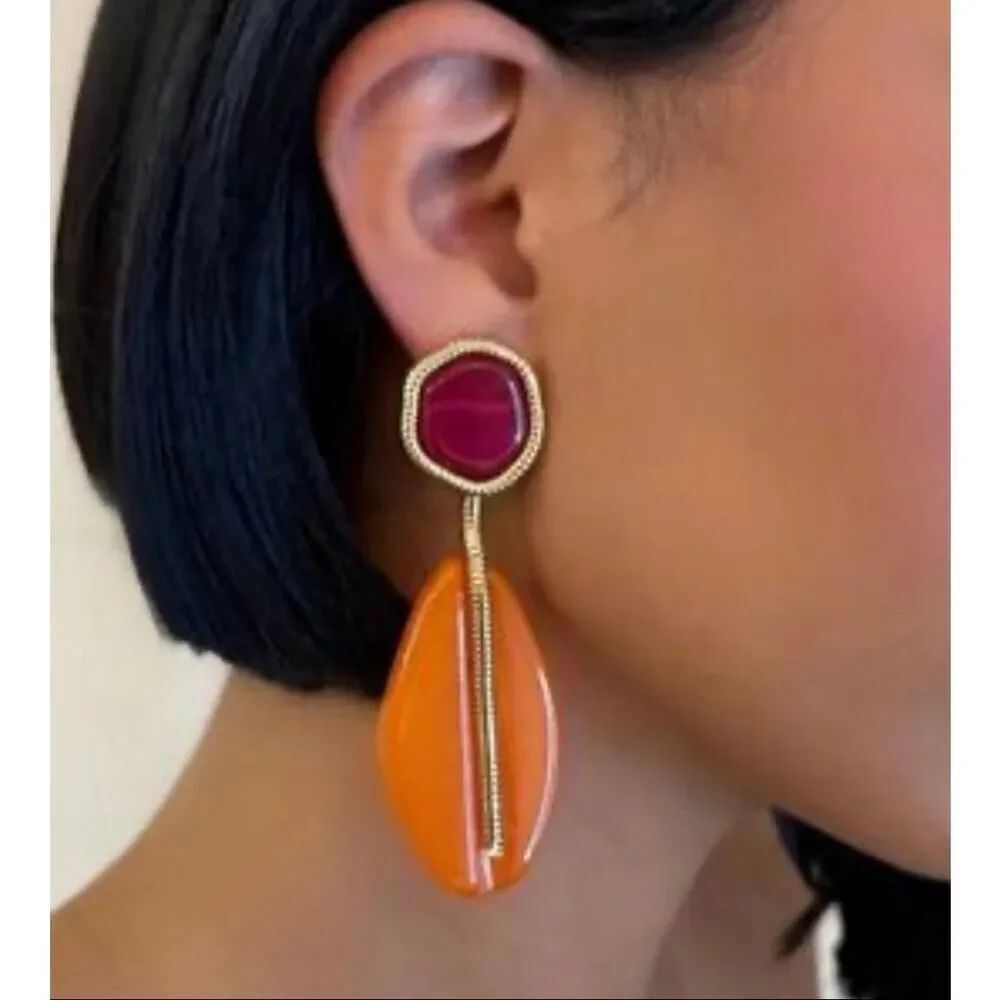 NWOT Zara Statement Red Orange Resin Drop Earrings Gold Tone Bold Geometric